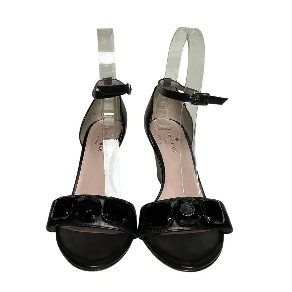 KATE SPADE Women’s Black Leather Bejeweled Ankle Strap Wedge Shoes